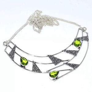 925 Silver Plated Green Peridot Semi-Precious Gem Necklace Jewelry NWT